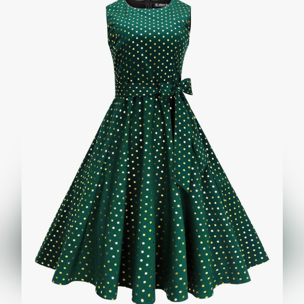 HALLOWEEN 50S! Chic Green and Gold Polka Dot Midi Dress